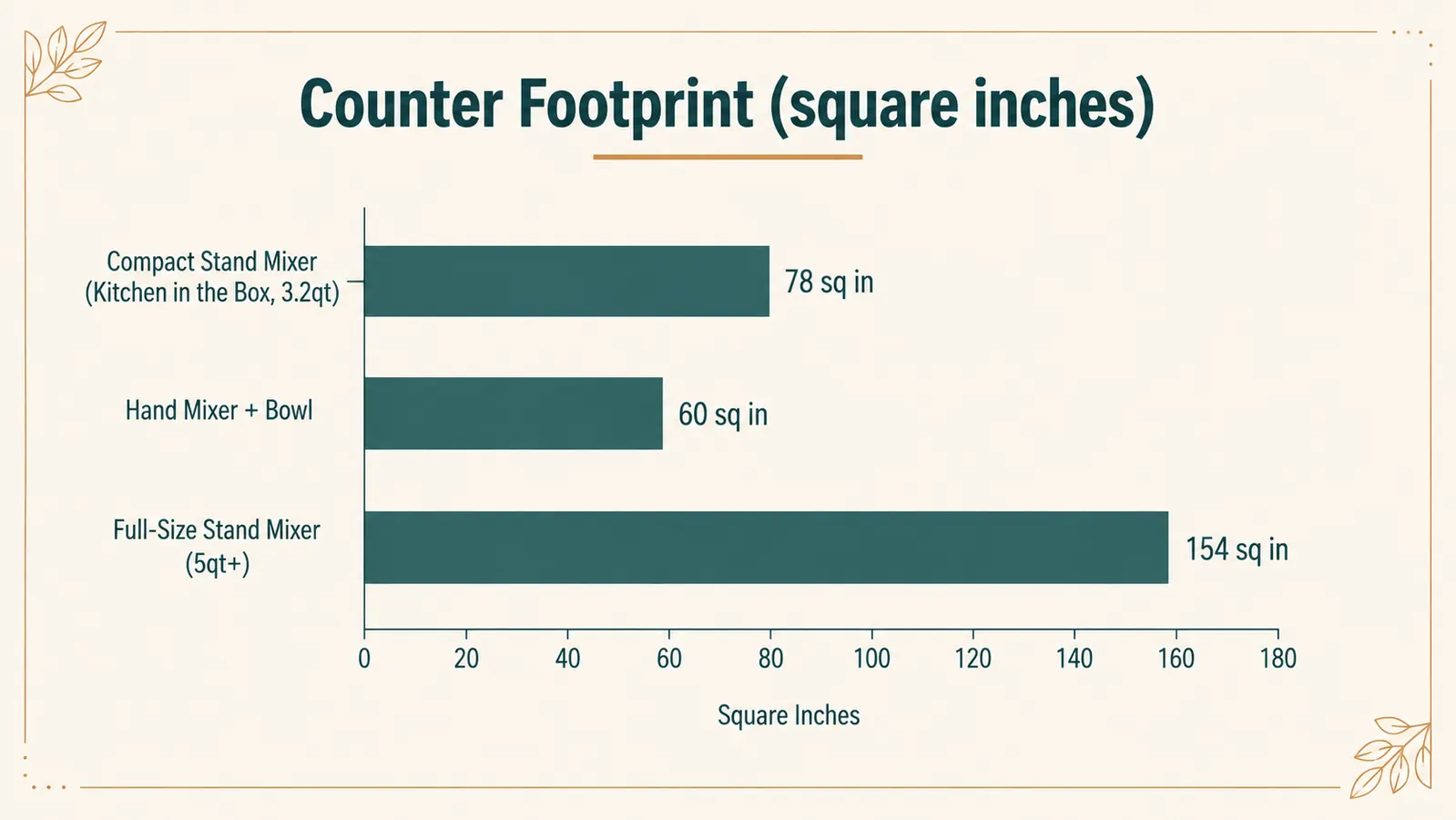 Chart comparing counter footprint in square inches for a compact stand mixer, a hand mixer with bowl, and a full-size stand mixer
