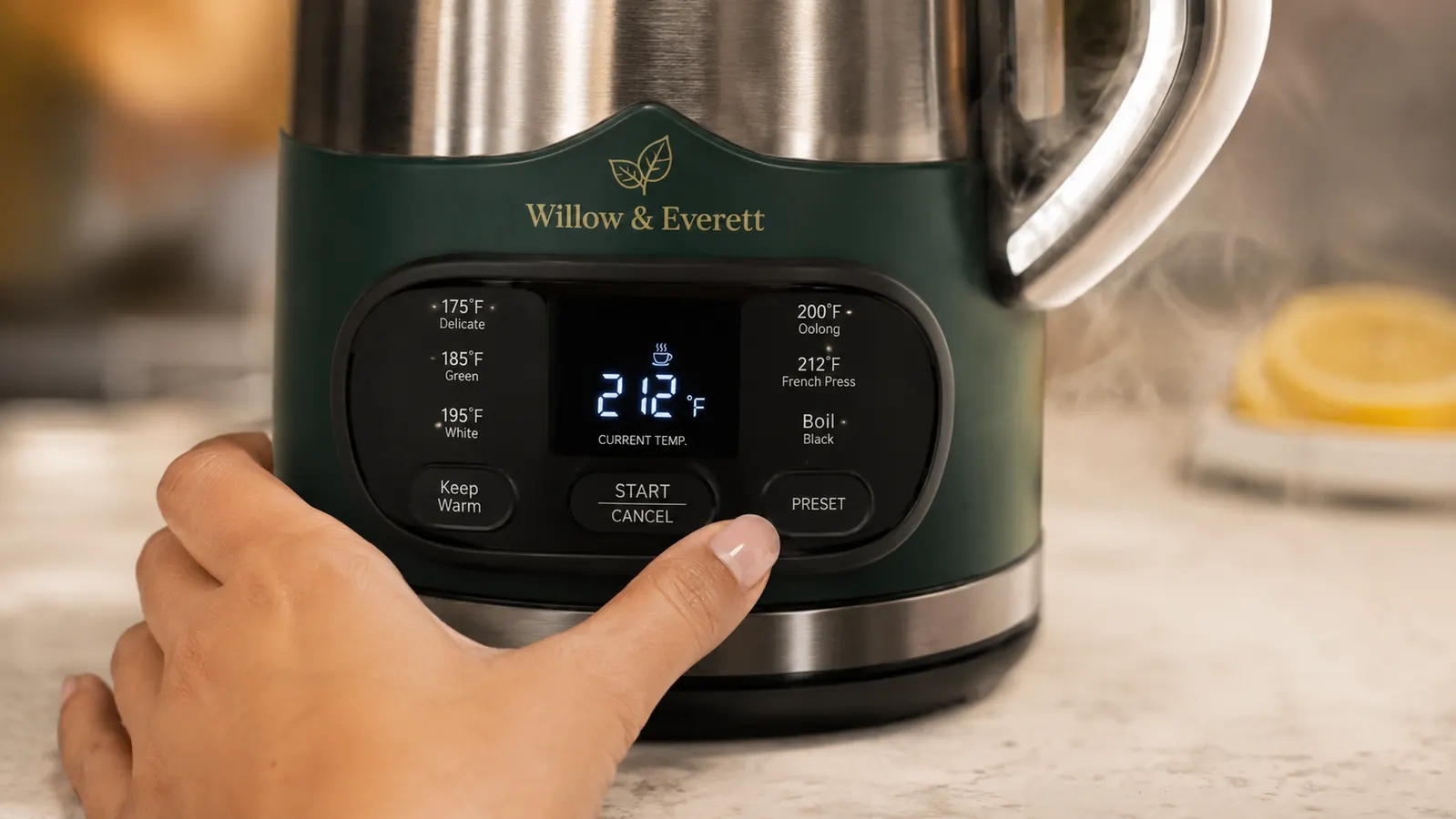 Close-up of the kettle's digital temperature display showing a preset reading during use