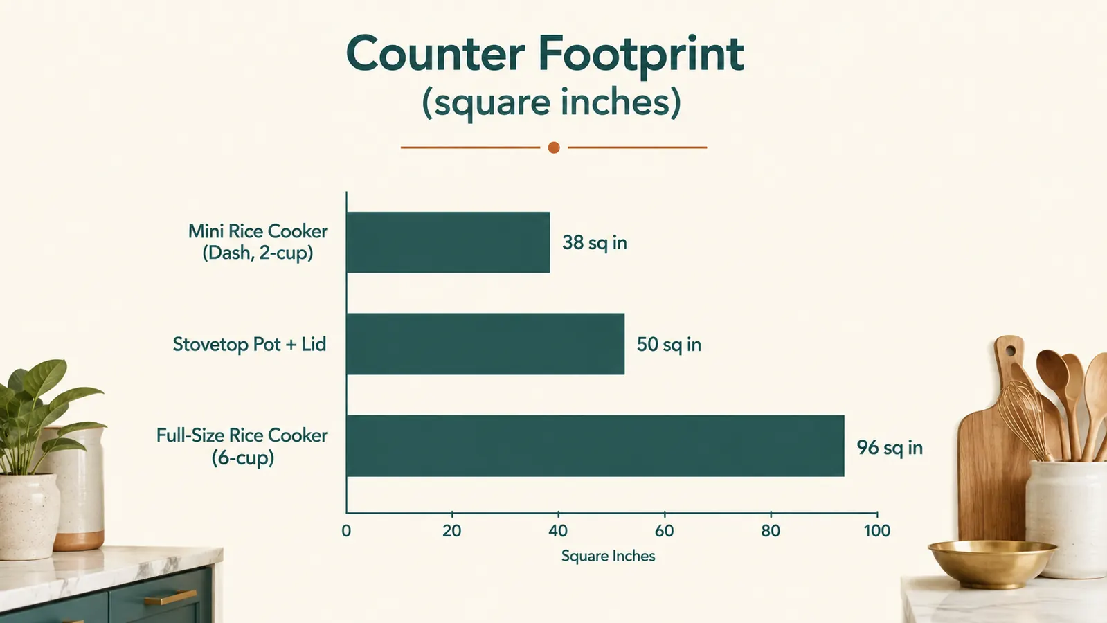 Chart comparing counter footprint in square inches for a mini rice cooker, a stovetop pot and lid, and a full-size 6-cup rice cooker