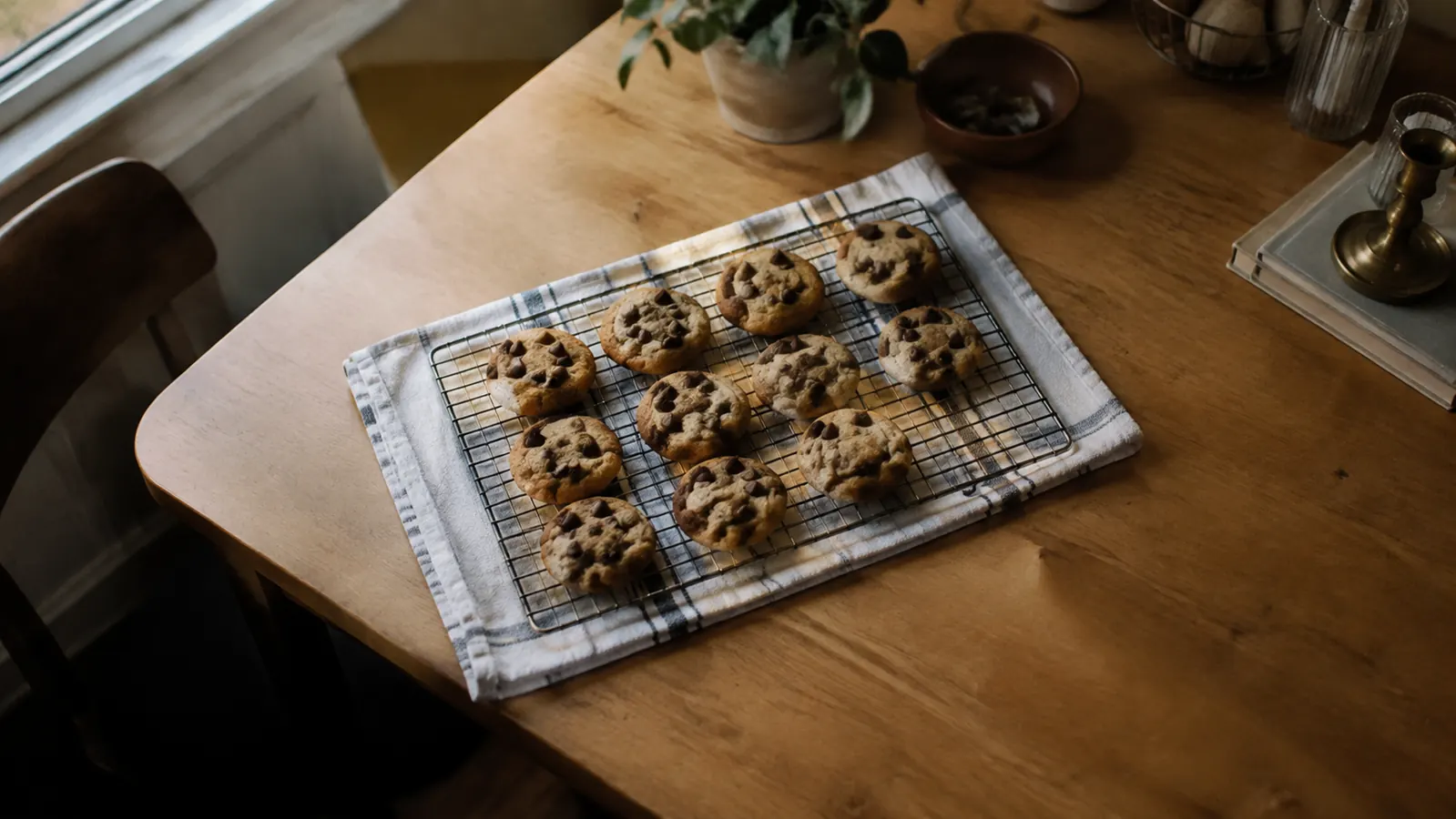 Two dozen chocolate chip cookies cooling on a wire rack on a small kitchen table