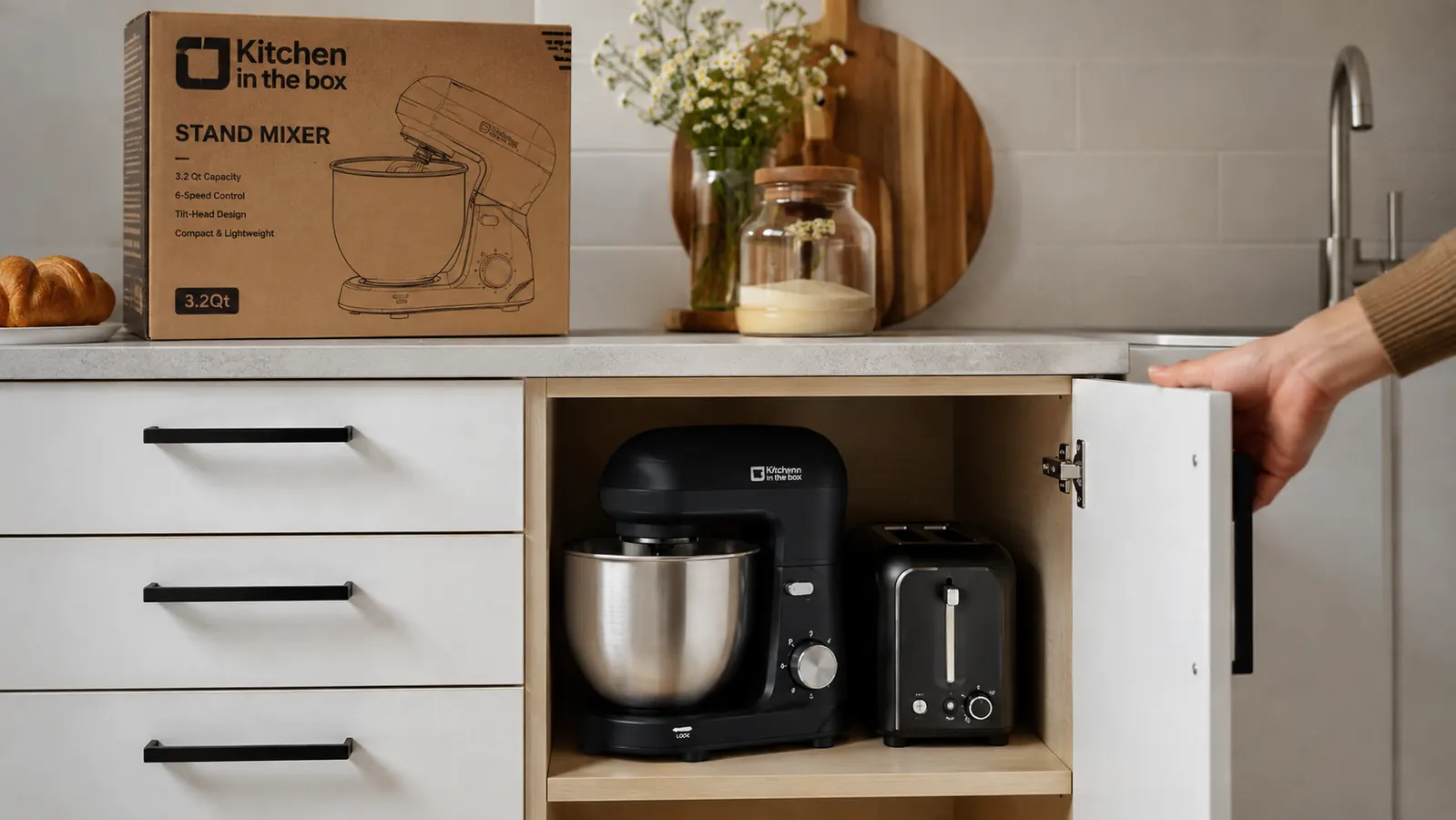 Compact stand mixer stored upright in a low kitchen cabinet next to a toaster