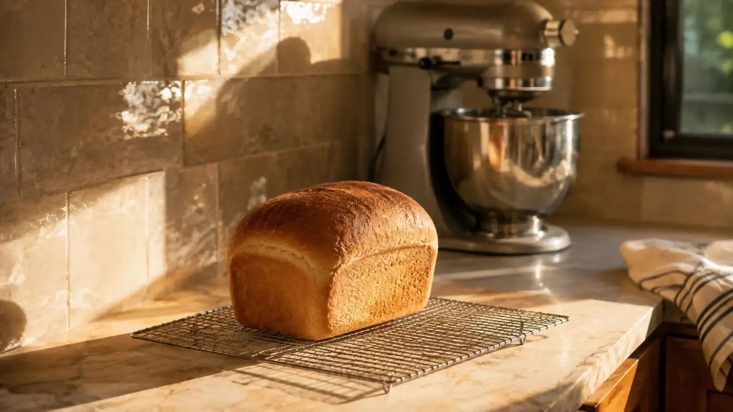 A finished loaf of sandwich bread cooling on the counter next to the stand mixer