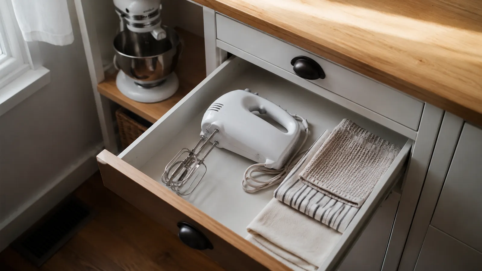 Overhead view of a hand mixer resting flat inside a kitchen drawer next to folded dish towels