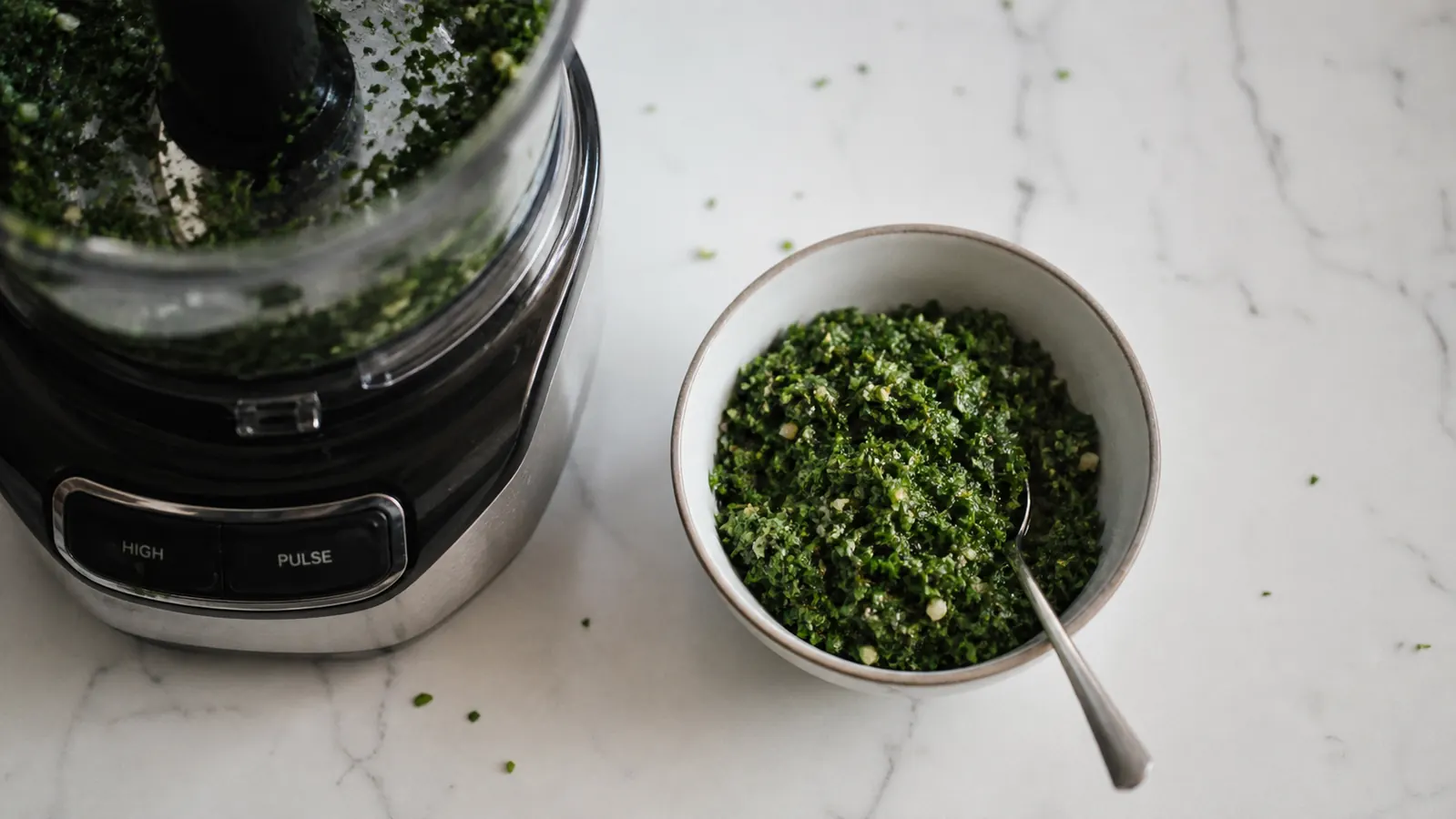 A small bowl of freshly chopped chimichurri ingredients next to the food processor base