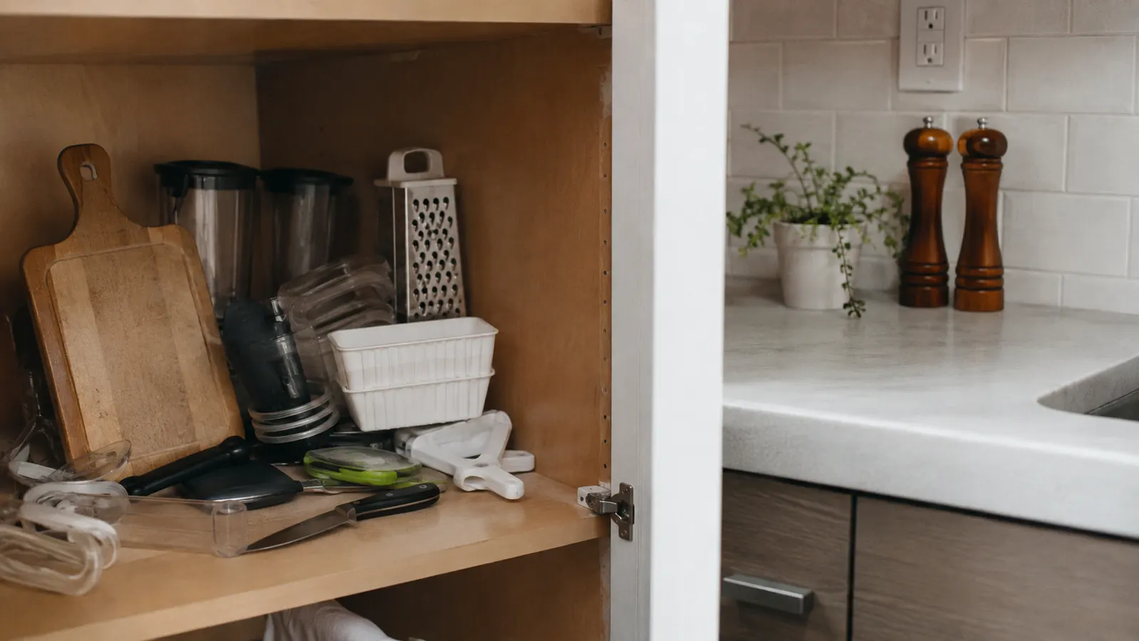 A cluttered kitchen cabinet with a cutting board, knife, and single-use gadgets stacked unevenly