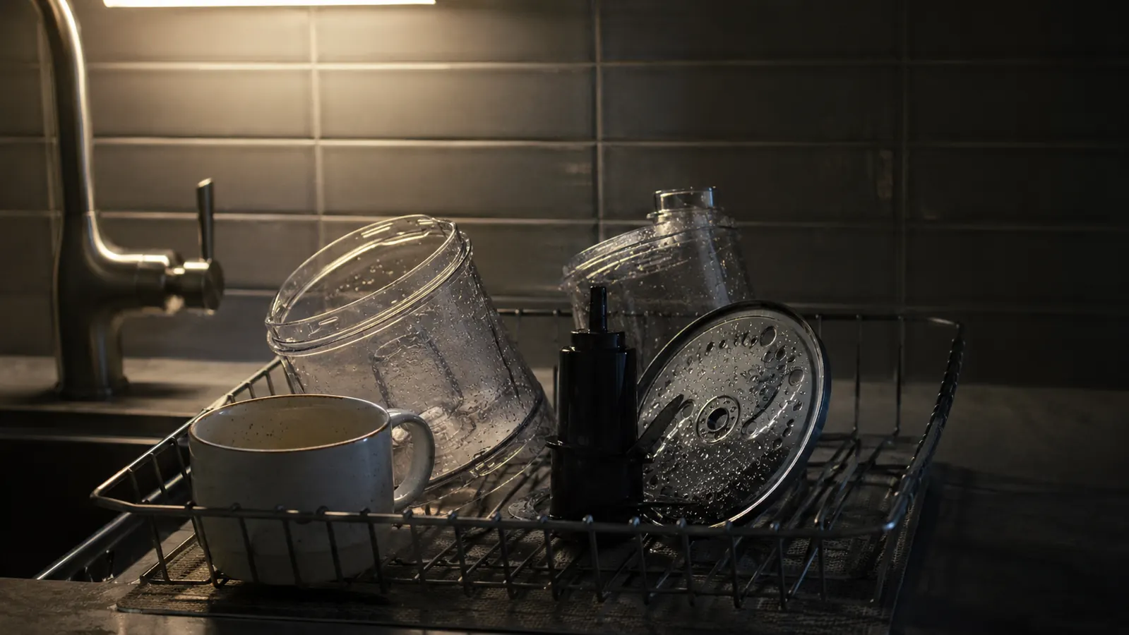 Small food processor parts, bowl, lid, and blade, sitting in a dish rack at night next to a single mug