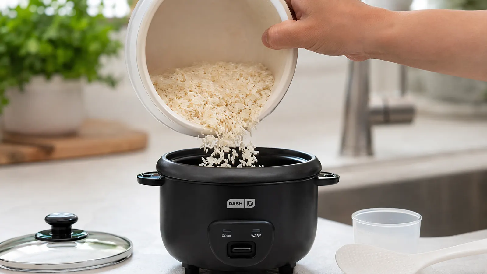 Hand rinsing rice in the removable ceramic pot before setting it into the Dash rice cooker base