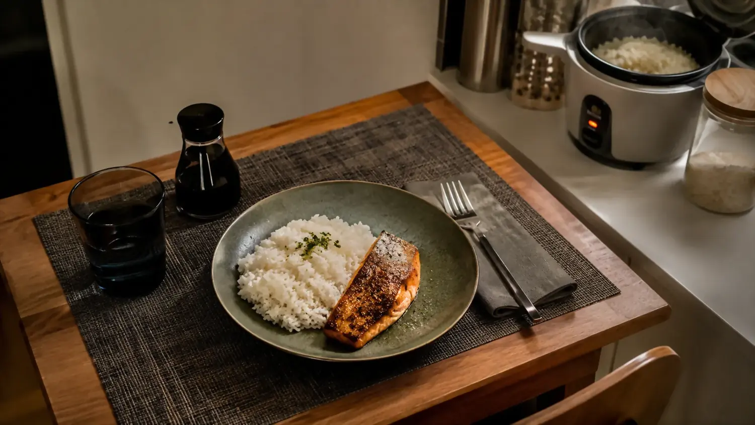 Plate of rice and salmon on a small table with the rice cooker steaming faintly in the background