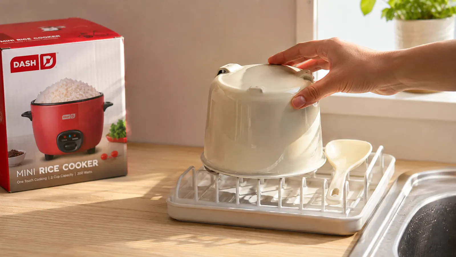 Empty ceramic pot from the rice cooker draining upside down on a dish rack next to one spoon