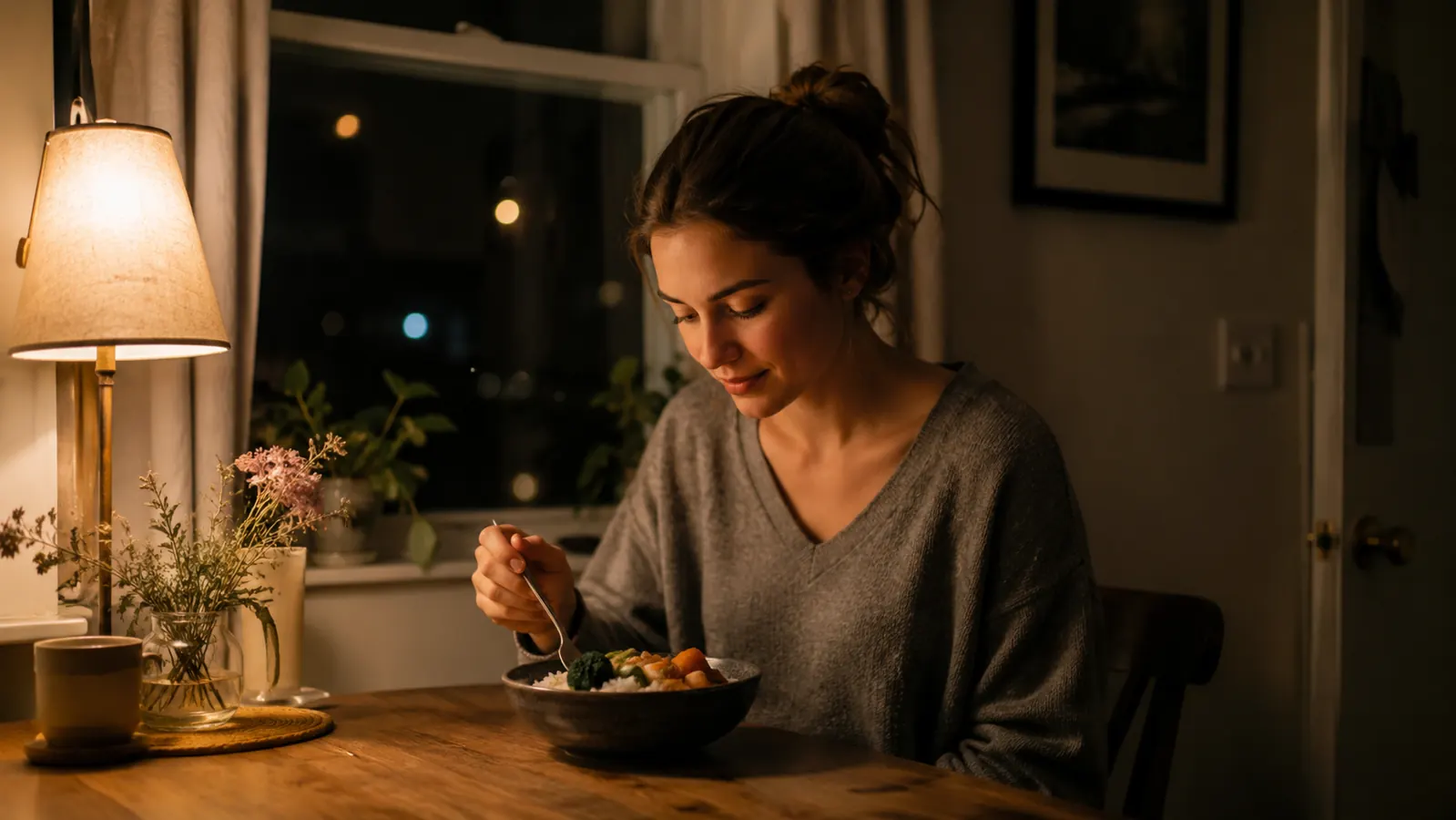 A single bowl of finished rice with a fork, set on a small table at night