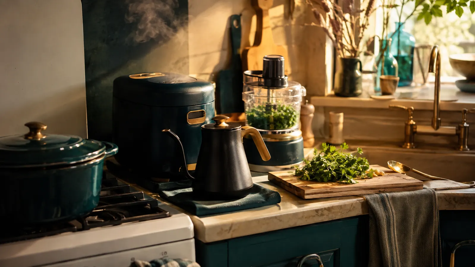 A small home kitchen late at night, a pot steaming on the stove beside a wooden cutting board and a single well-used chef's knife