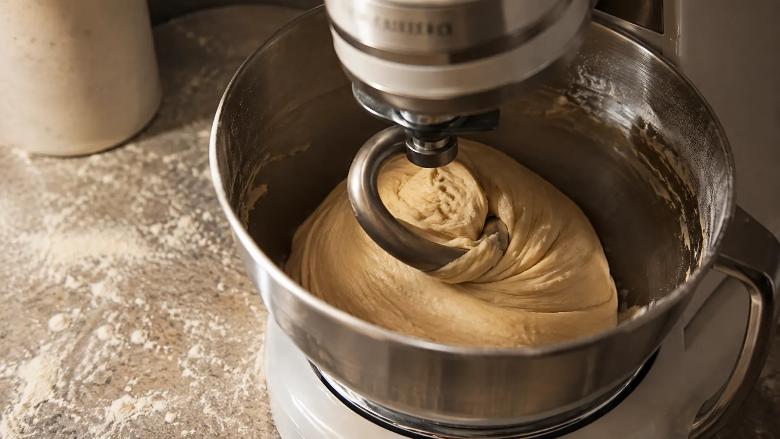 A dough hook attachment kneading a ball of bread dough inside the bowl of a small stand mixer