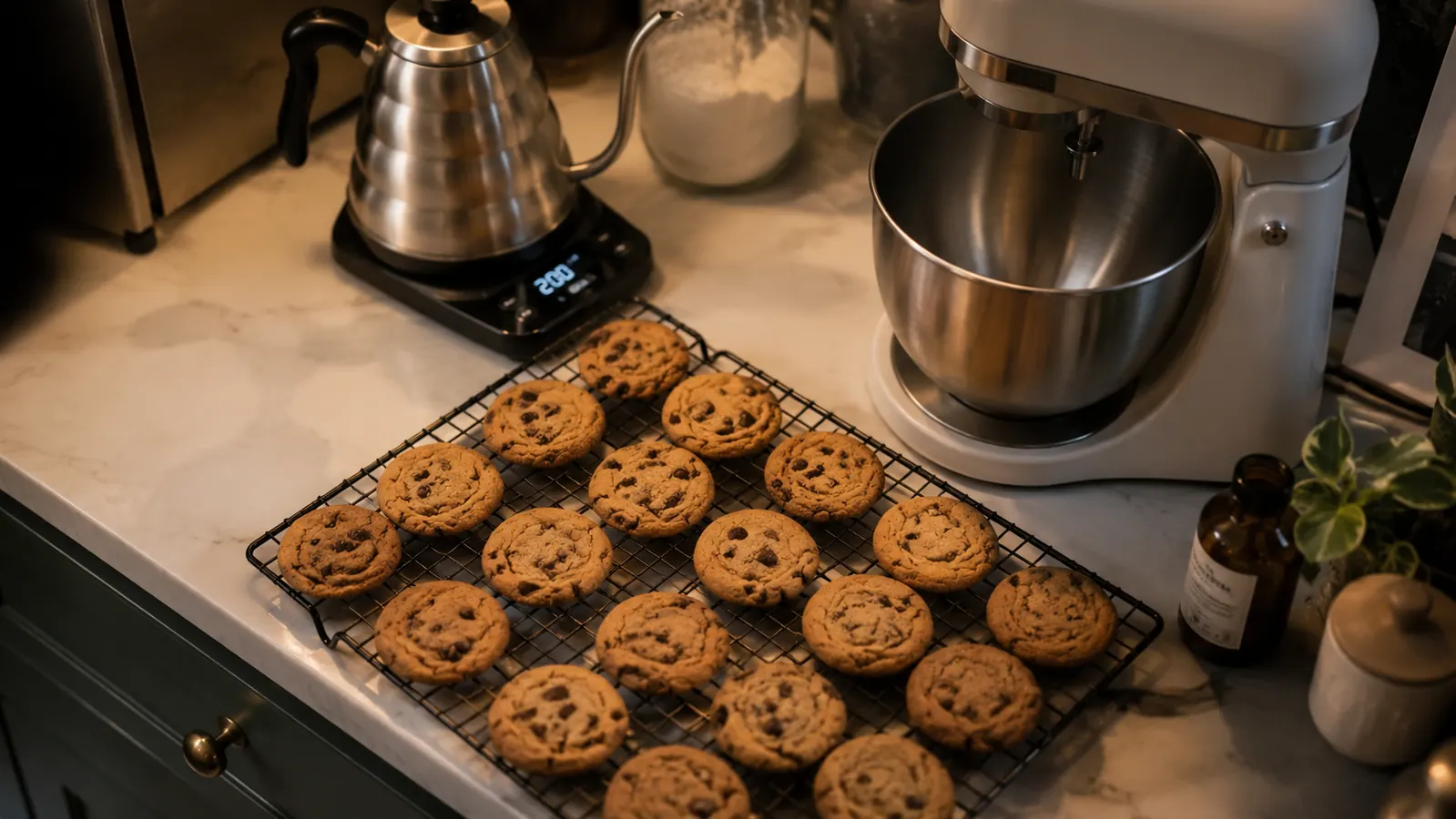 A tray of finished chocolate chip cookies cooling on a rack next to a small stand mixer and an electric kettle on a narrow counter