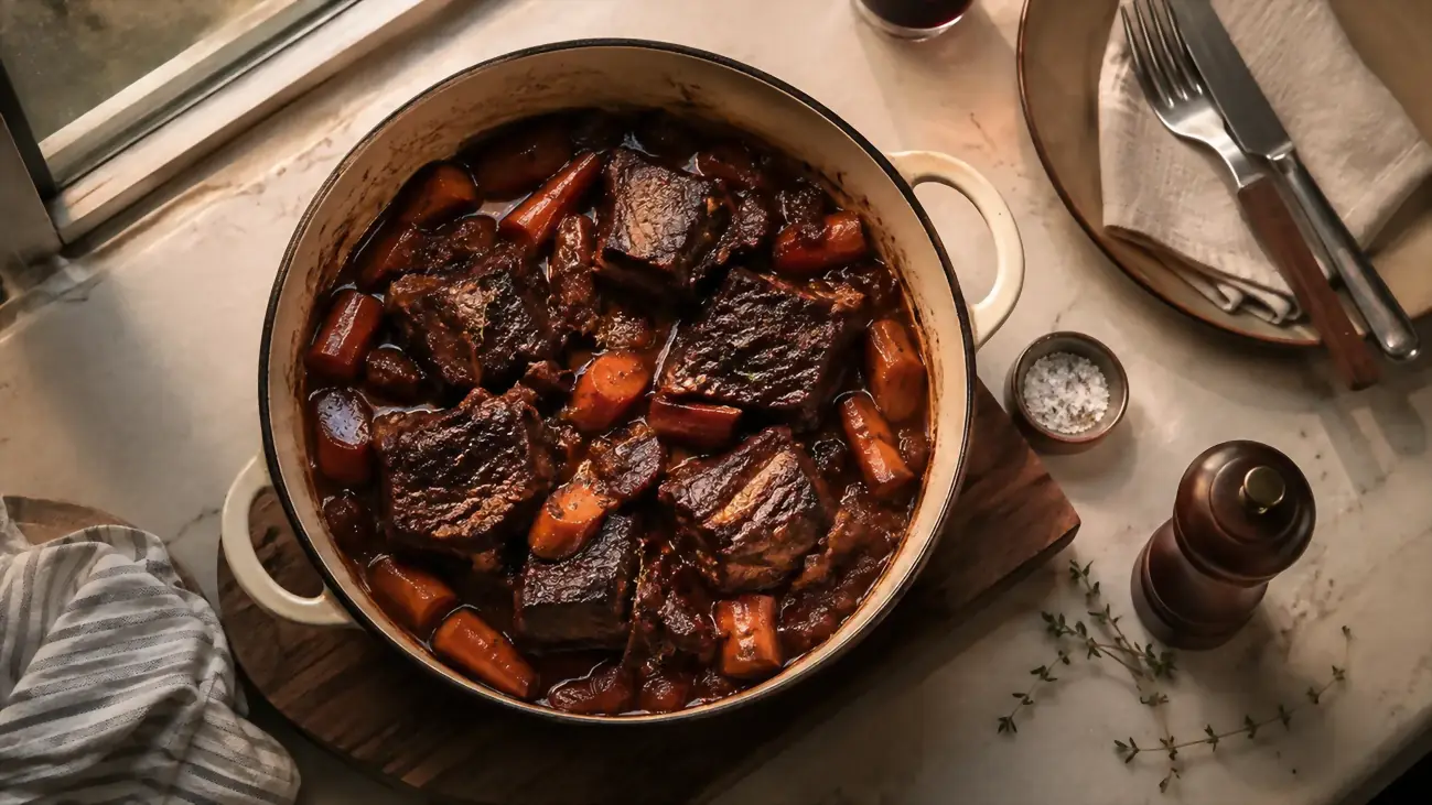 A finished pot of braised short ribs and vegetables resting on a trivet on a small kitchen counter