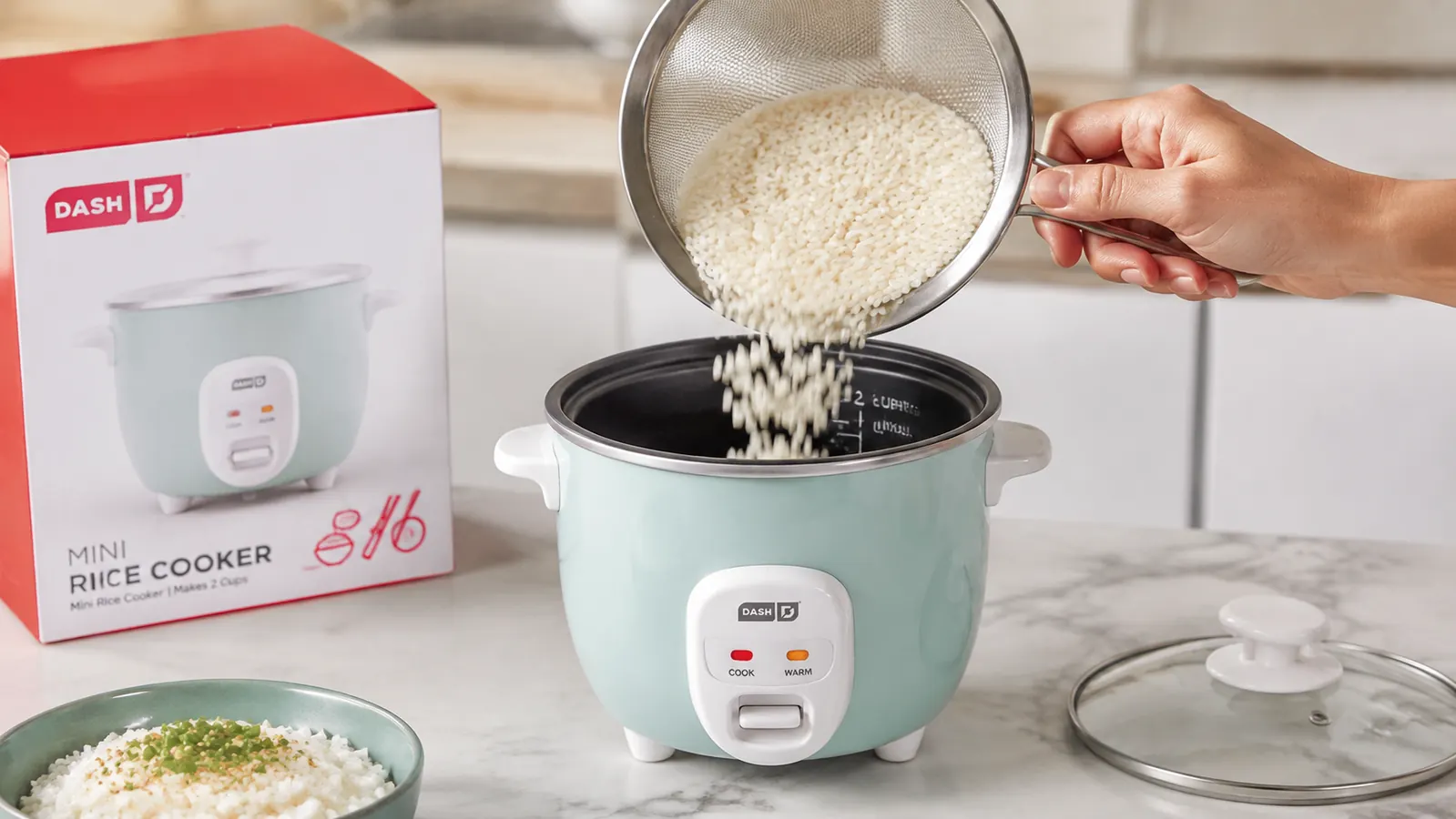 A hand pouring rinsed white rice into the ceramic pot of a mini rice cooker set on a countertop