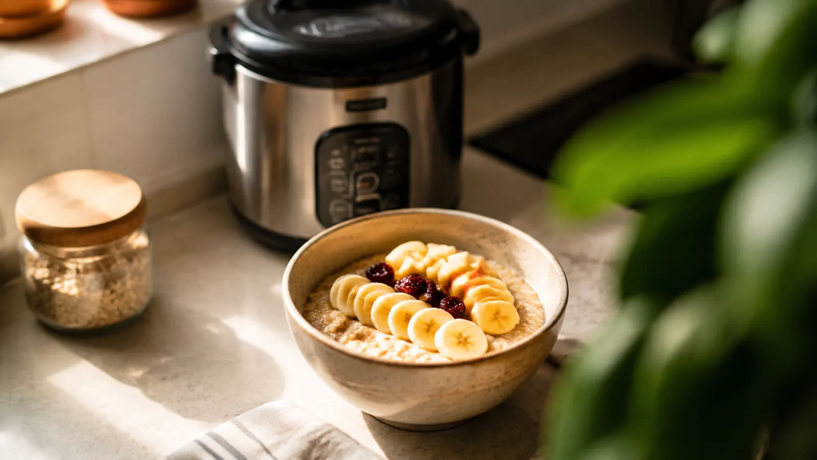 A small bowl of finished oatmeal topped with fruit sitting next to a mini rice cooker on a kitchen counter