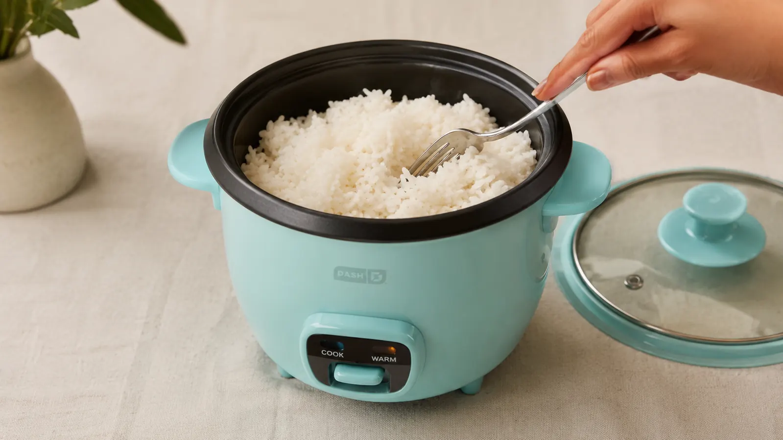 A fork fluffing cooked rice inside the ceramic pot of a mini rice cooker
