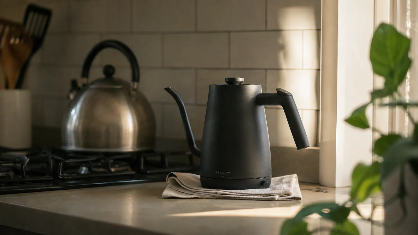 Empty stovetop kettle sitting unused on a back burner while the electric kettle sits closer at hand