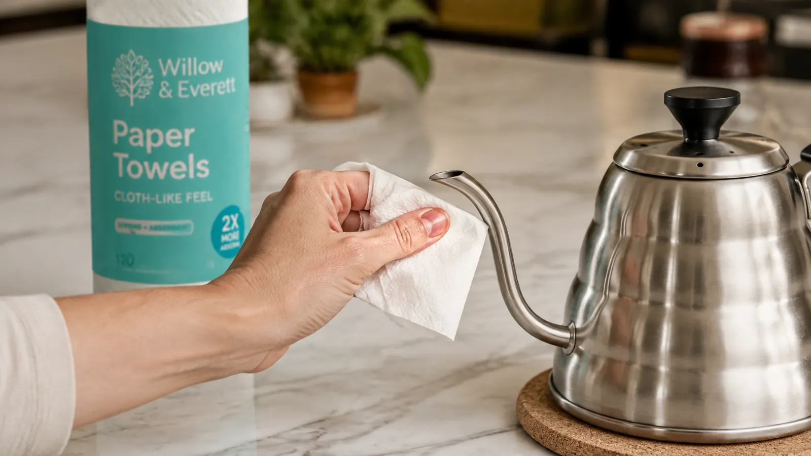 Hand wiping a small drip of water from the spout of the gooseneck kettle after pouring