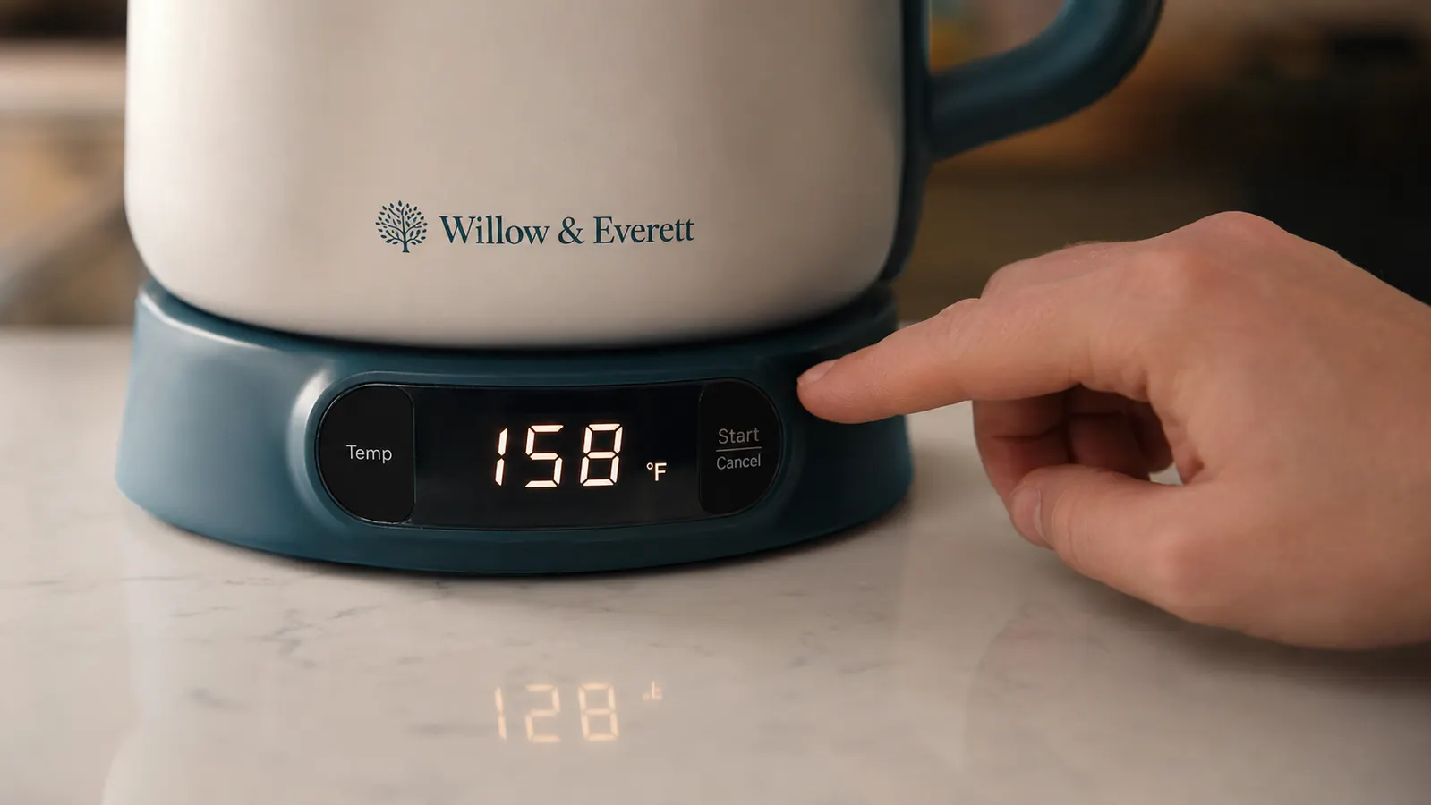 Close view of the digital temperature display on the kettle base showing a preset number mid-heat