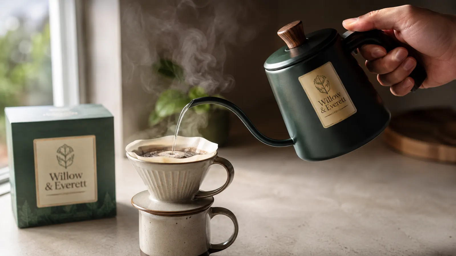 Hand pouring water from the gooseneck kettle in a slow stream over coffee grounds in a pour-over dripper
